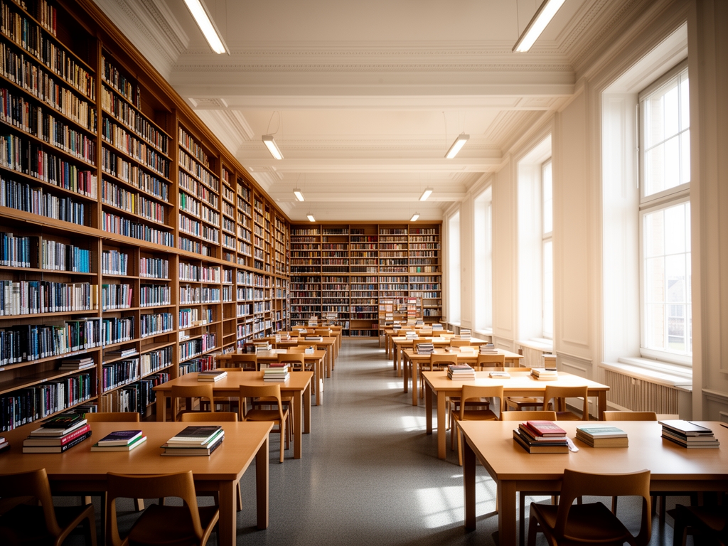 Wnętrze przestronnej, jasno oświetlonej biblioteki naukowej z wysokimi regałami pełnymi książek, czytelnią ze stołami i naturalnym oświetleniem przez duże okna, atmosfera skupienia i wiedzy