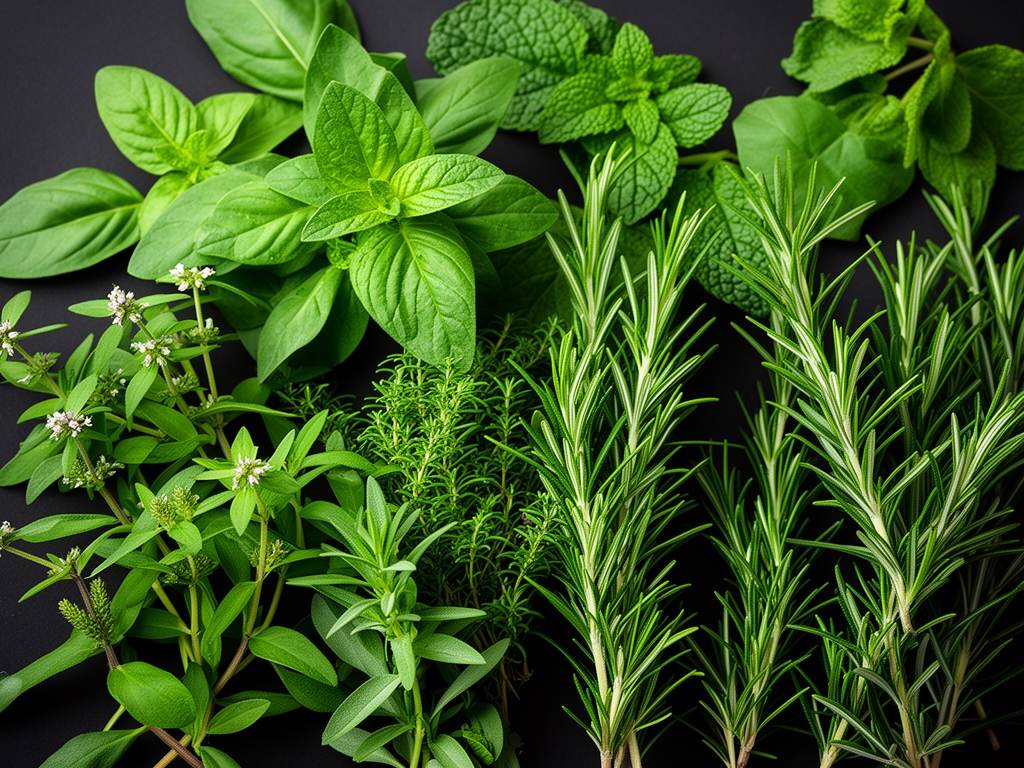 Zbliżenie na świeże zielone zioła i rośliny lecznicze układające się na ciemnym tle, ukazujące różnorodność kształtów liści i struktur botanicznych w stylu naukowej fotografii