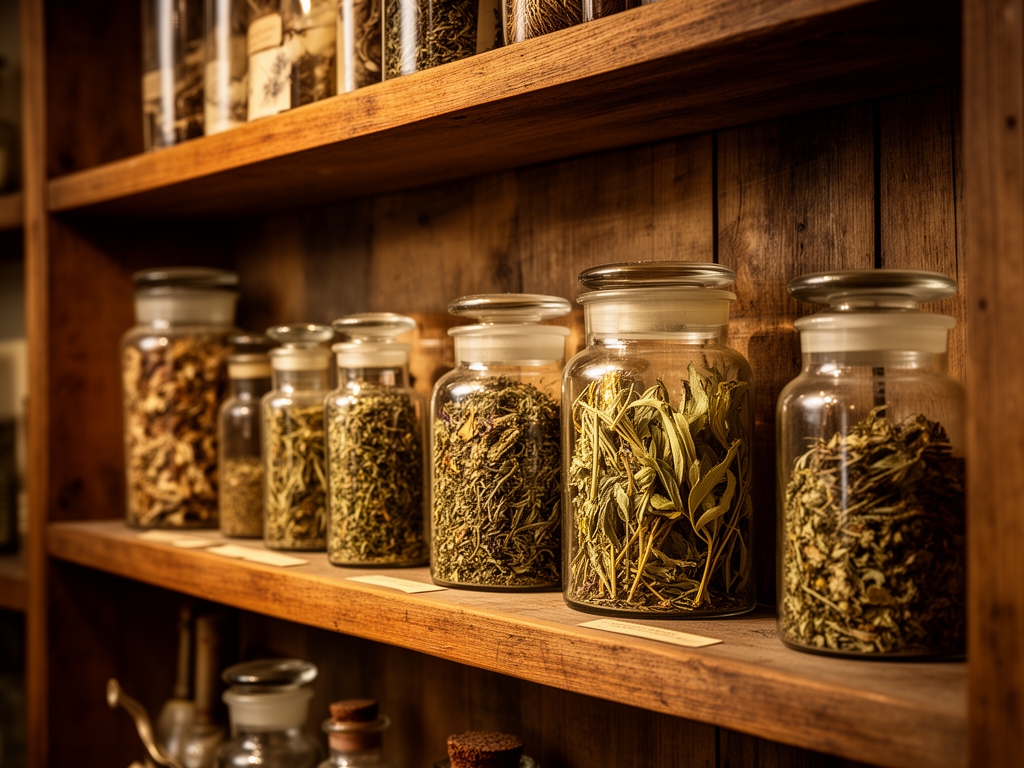 Stara drewniana półka z historycznymi słoikami i fiolkami zawierającymi suszone zioła i botaniczne próbki, oświetlona ciepłym ambientowym światłem w stylu muzeum przyrodniczego