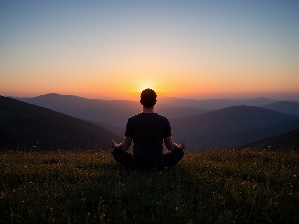 Osoba siedząca w spokojnej pozie medytacji na skraju górskiej łąki o zmierzchu, sylwetka na tle zachodzącego słońca, symbolizująca wewnętrzny spokój i refleksję