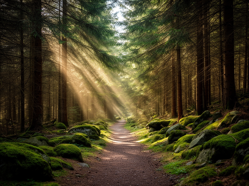 Wąska leśna ścieżka prowadząca przez gęsty las iglasty, promienie słoneczne przebijające się przez gałęzie, mech na kamieniach, atmosfera spokoju i nienaruszalności przyrody