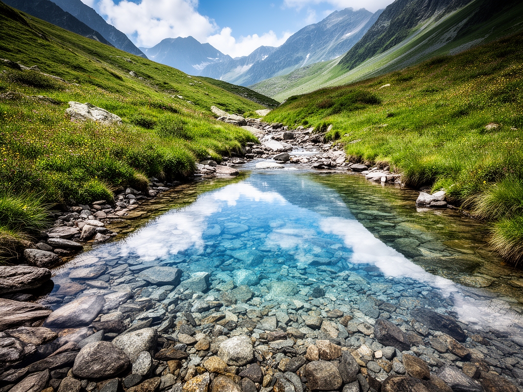 Górski strumień z krystalicznie czystą wodą przepływającą przez kamieniste koryto, otoczony alpejską roślinnością, odzwierciedlenie nieba w spokojnym basenie wody