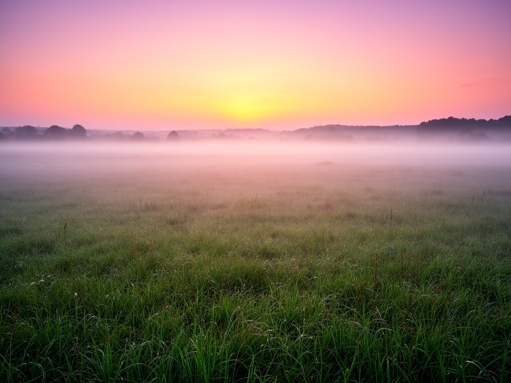 Rozległa łąka o świcie z delikatną mgłą unoszącą się tuż nad powierzchnią traw, horyzont z różowo-złotym świtem, spokojny i medytacyjny nastrój wczesnego poranka